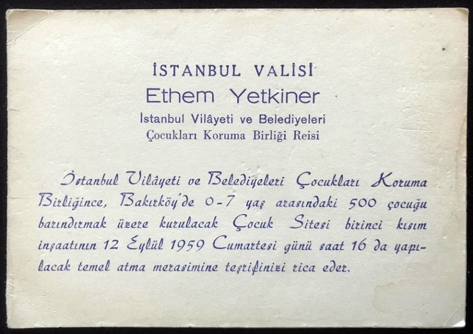 İstanbul Valisi Ethem YETKİNER, Çocukları Koruma Birliği, Bakırköy Çocuk Sitesi 1959 - Davetiye