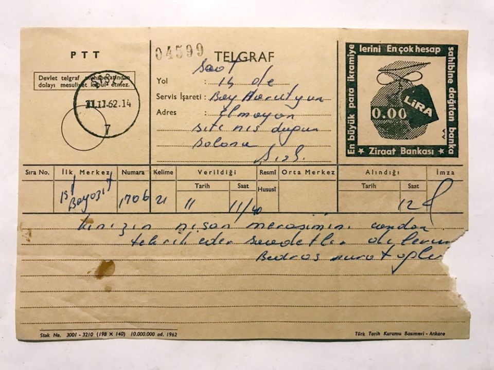 1962 tarihli, Ermeni bir şahısa gönderilen telgraf