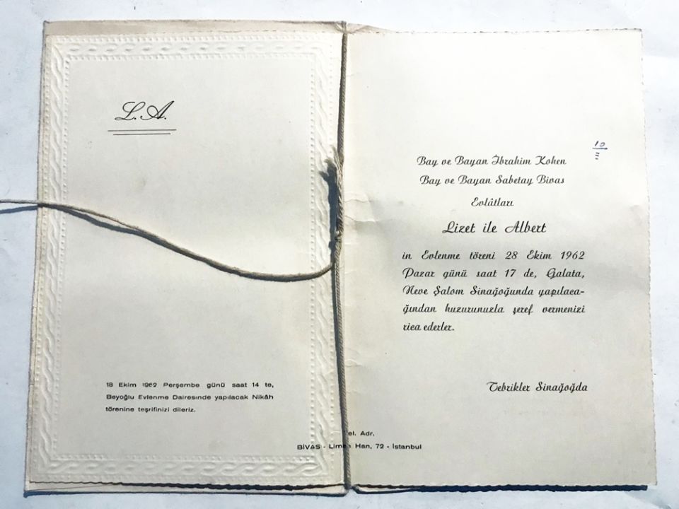 KOHEN ve BİVAS aileleri - 1962 tarihli, düğün davetiyesi