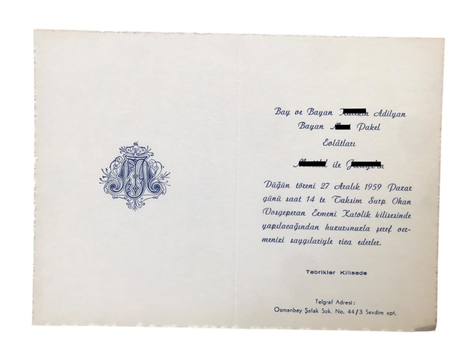 Adilyan ve Pakel - Surp Ohan Vosgeperan Ermeni Katolik Kilisesi OSMANBEY / 1959 yılı davetiye
