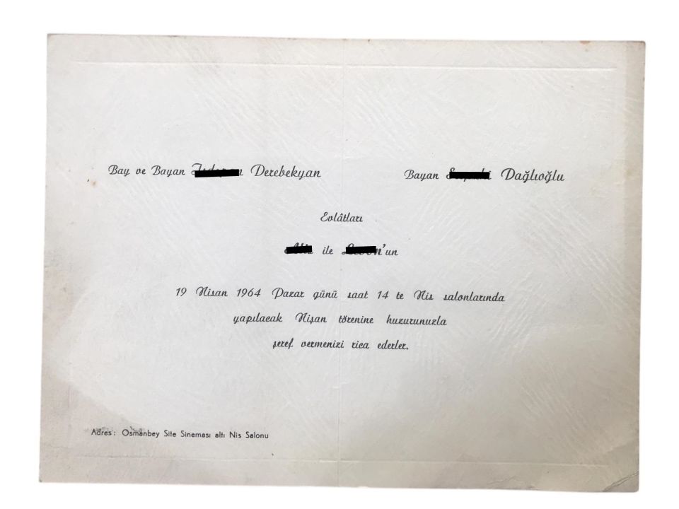 Derebekyan ve Dağlıoğlu - Nis Salonları OSMANBEY / 1964 yılı davetiye