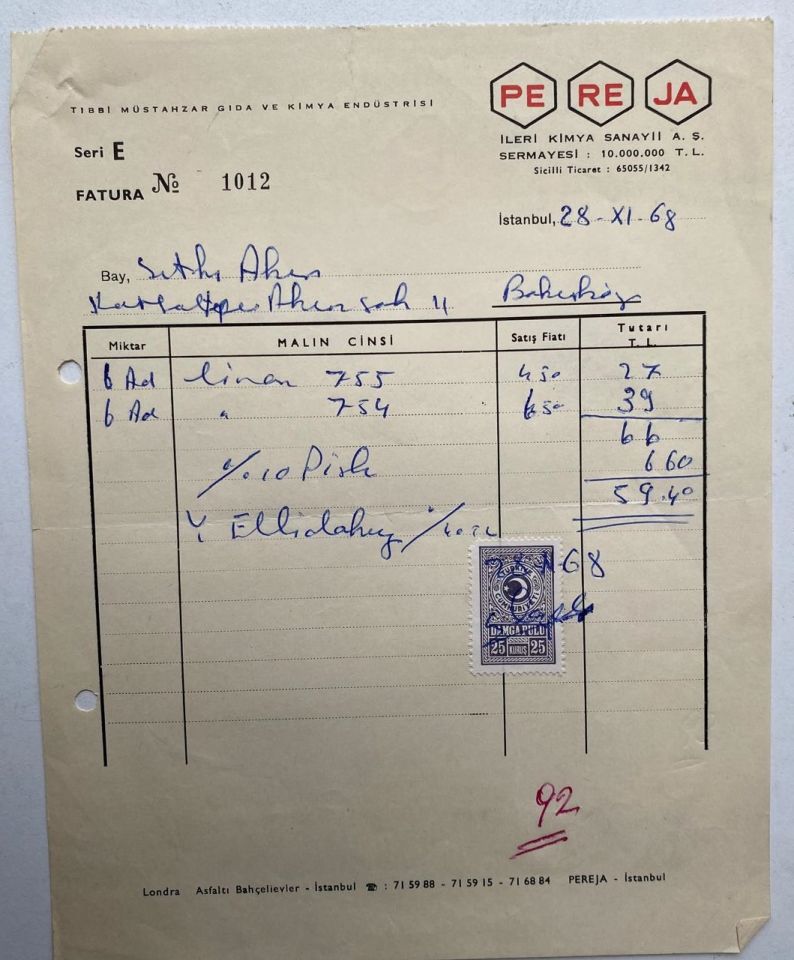 Pe Re Ja İleri Kimya Sanayii - Fatura