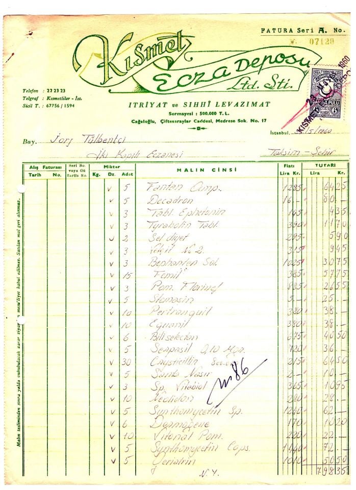 Kısmet Ecza Deposu * Itriyat ve Sıhhi Levazımat - Fatura