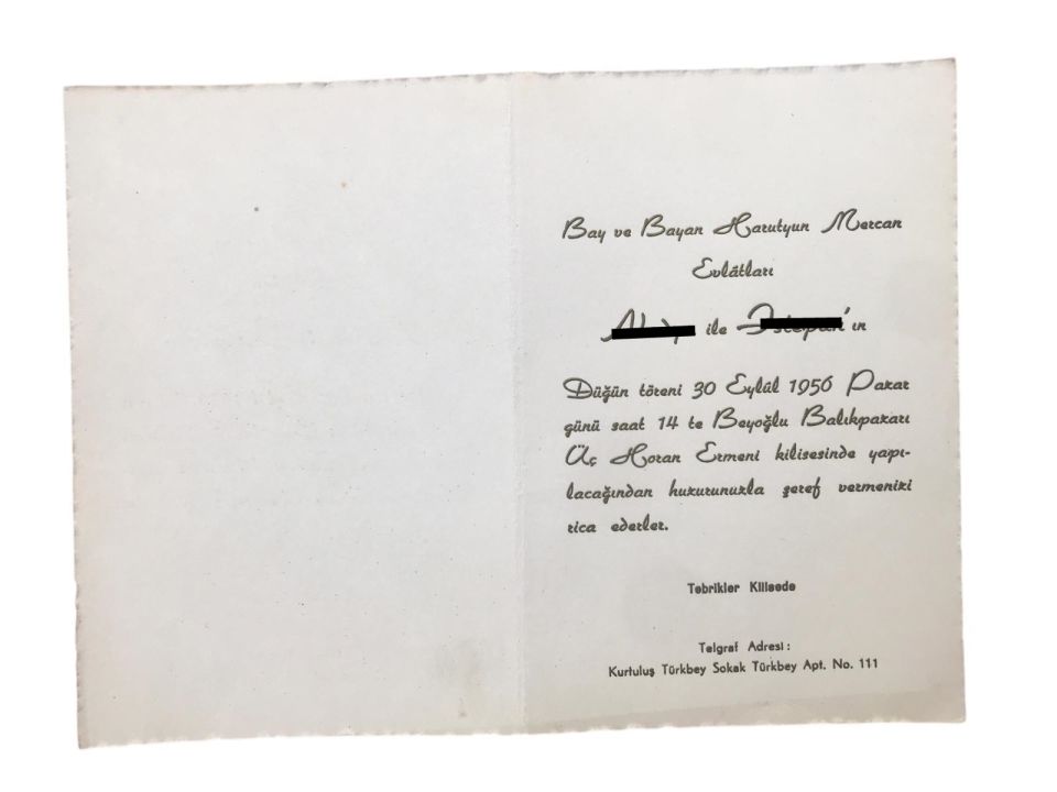 Mercan Ailesi - Beyoğlu Üç Horan Ermeni Kilisesi / 1956 yılı davetiye
