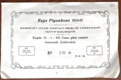 Samimiyet Ocağı Cemiyeti Reisliği Afyon - Eşya Piyankosu Bileti 1932