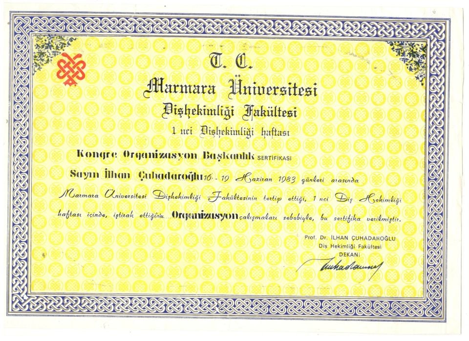 Marmara Üniversitesi Dişhekimliği Fakültesi - Kongre Organizasyon Sertifikası