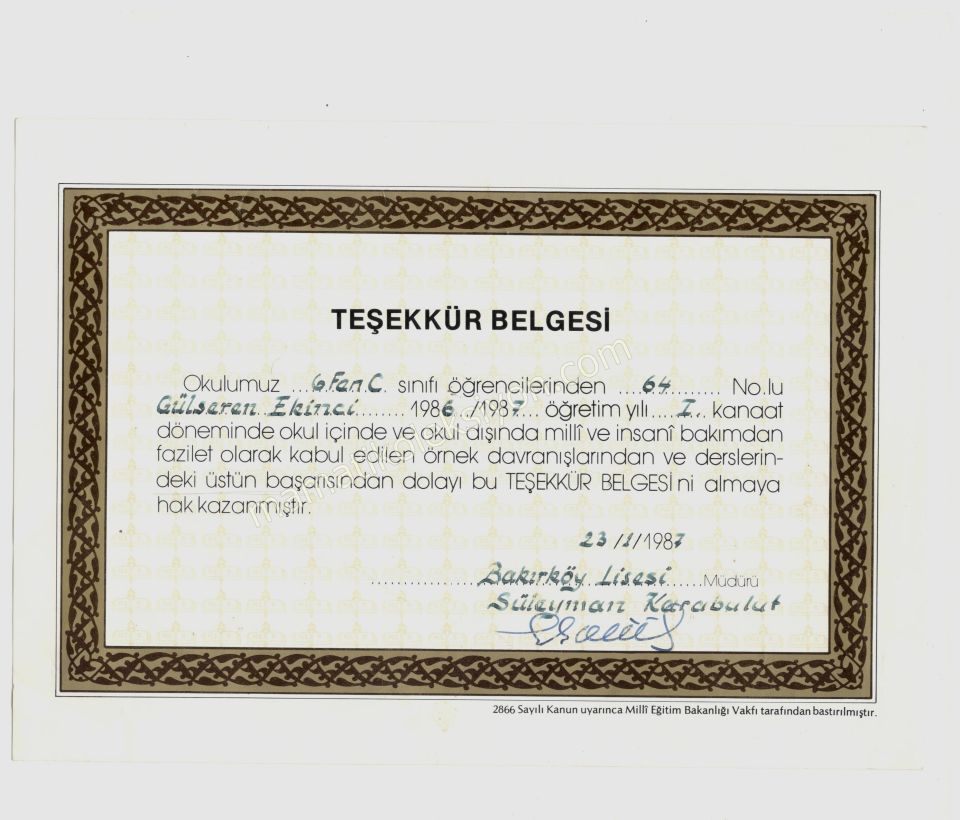 Bakırköy Lisesi 1987 yılı, Teşekkür belgesi