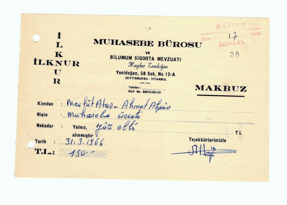 İlknur Muhasebe Bürosu Haydar TANDOĞAN - Makbuz