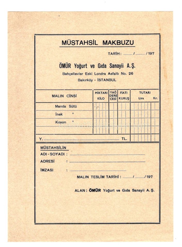 Ömür Yoğurt ve Gıda Sanayi A.Ş. - Müstahsil makbuzu / BAKIRKÖY