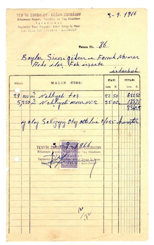 Tevfik Zorbasoy Bilumum İnşaat Taahhüt ve Taş ocakları işletmesi BAKIRKÖY - Fatura