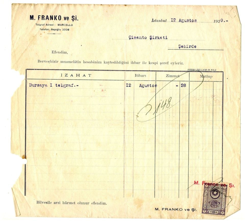 M. FRANKO ve Şi. - Çimento Şirketi 1929 tarihli fatura