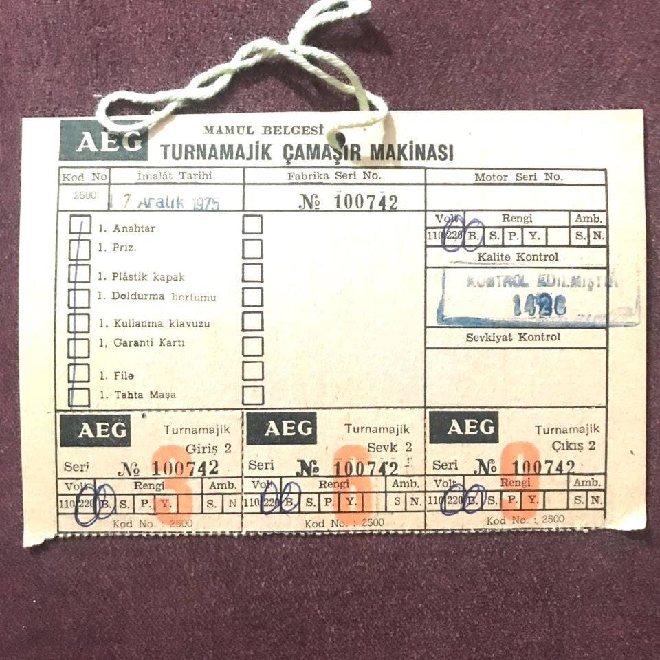 AEG Turnamajik Çamaşır Makinası - Mamul belgesi / Efemera