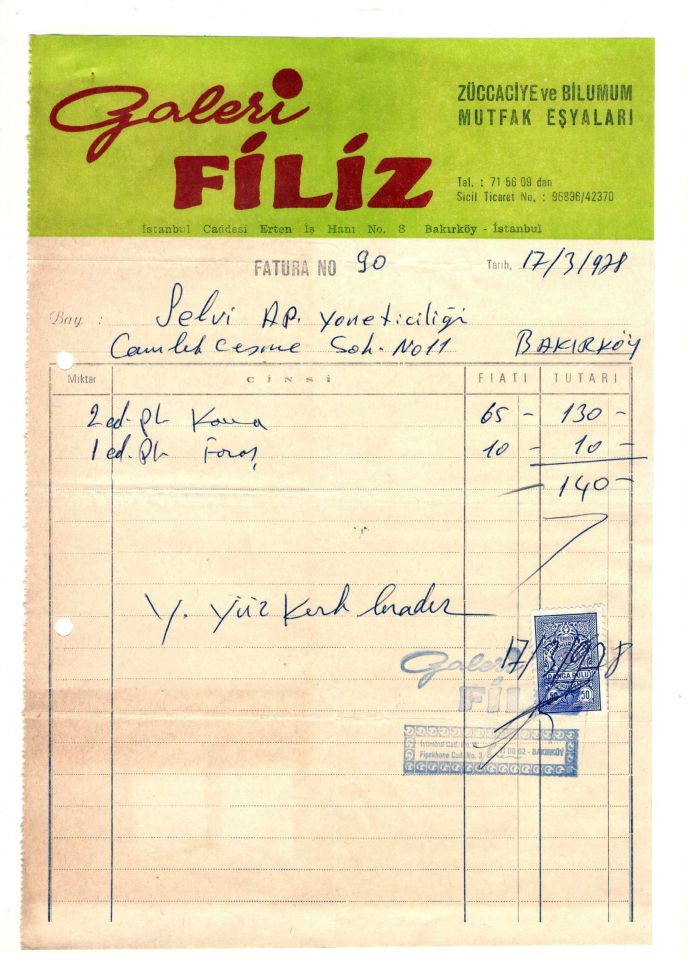 Galeri Filiz * Züccaciye ve bilumum mutfak eşyaları BAKIRKÖY - Fatura