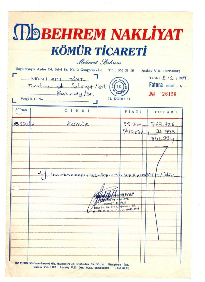 Behrem Nakliyat Kömür Ticareti BAKIRKÖY - Fatura
