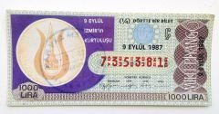 9 Eylül 1987 Dörtte bir biletbilet, milli piyango İzmir'in kurtuluşu - Efemera