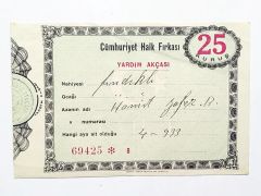 Cumhuriyet Halk Fırkası 25 Kuruş Yardım Akçası