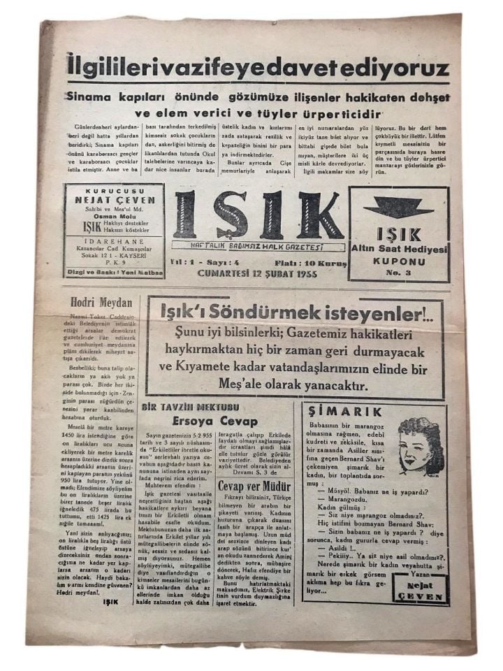 Işık Haftalık Bağımsız Halk Gazetesi KAYSERİ - 12 Şubat 1955