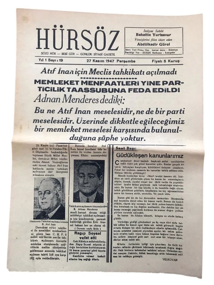 Hürsöz Gazetesi - Eskişehir / 27 Kasım 1947