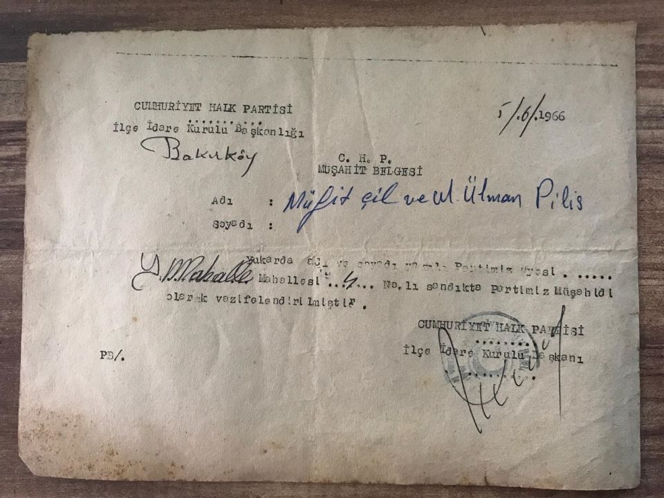 Cumhuriyet Halk Partisi Bakırköy İlçe K. B. Müfit ÇİL & Ülman PİLİS - 1966 Yılı Evrak