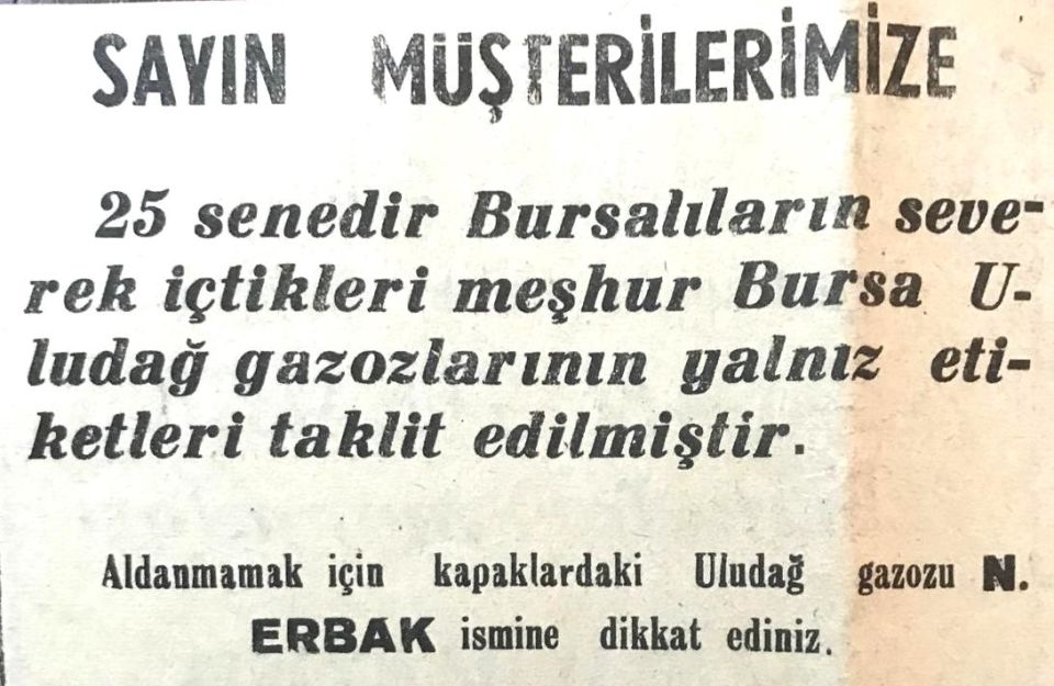 Bursa Uludağ Gazozları - N. ERBAK * 6.5x10 cm.  / Dergi - Gazete Reklamları