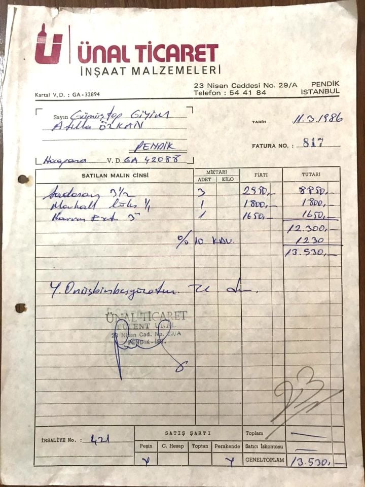 Ünal Ticaret İnşaat Malzemesi - Pendik İSTANBUL / Fatura