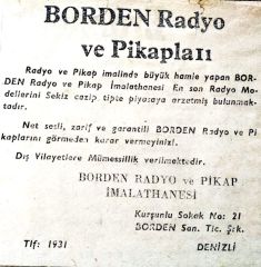 Borden Radyo ve Pikapları DENİZLİ 10x10  cm. / Dergi, gazete reklamı - Efemera