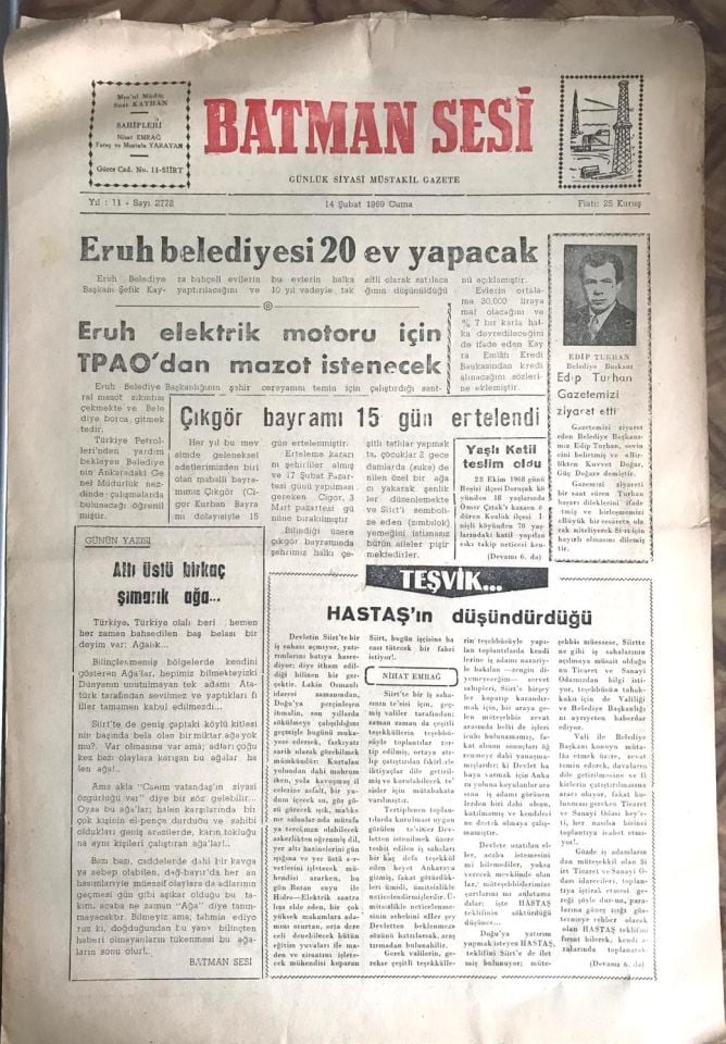 Batman Sesi Gazetesi - 14 Şubat 1969 / Eski gazeteler