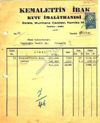 Kemalettin İBAK Kutu İmalathanesi - Fatura - Efemera