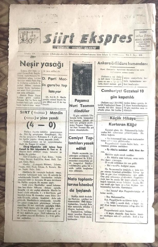 Siirt Ekspres Gazetesi - 3 Mayıs 1960 / Eski gazeteler