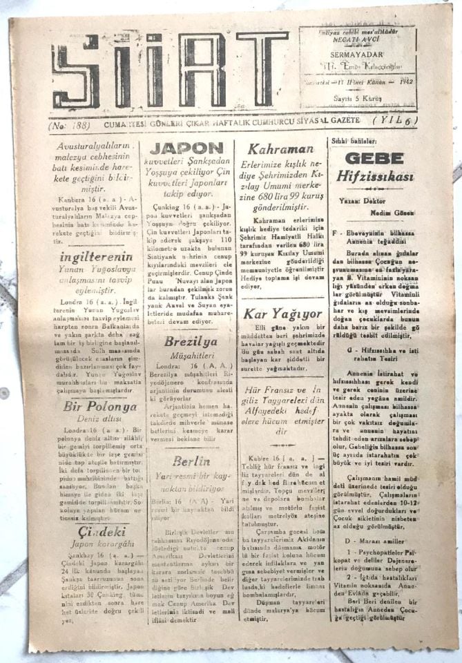 Siirt Gazetesi - 11. kanun - 1942 No:188 / Eski gazeteler