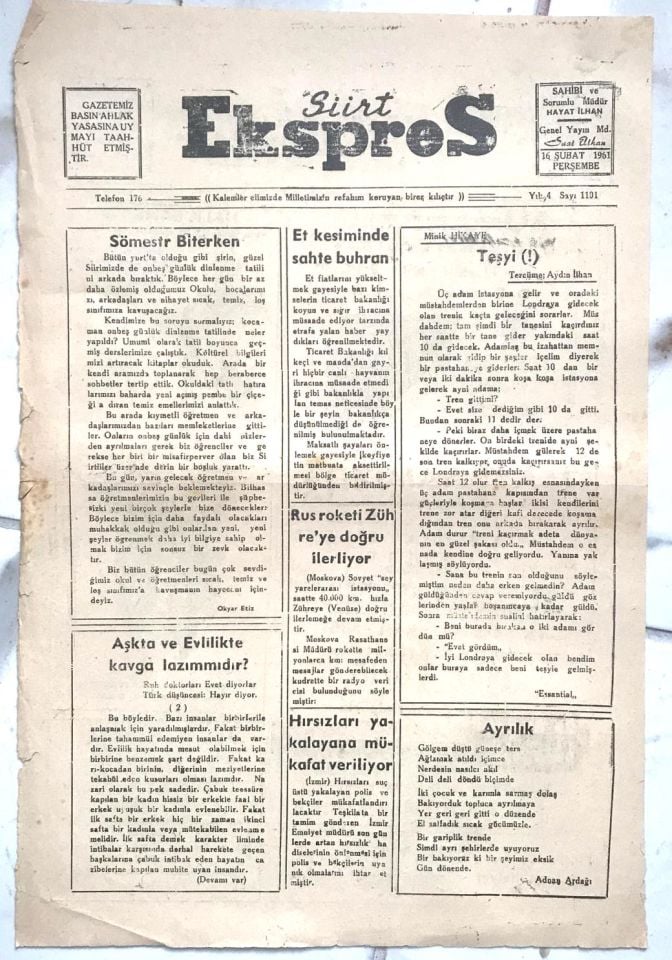 Siirt Ekspres gazetesi - 16 Şubat 1961 / Eski gazeteler