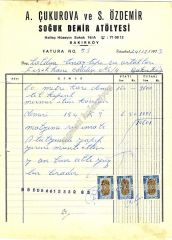 A. ÇUKUROVA S. ÖZDEMİR Soğuk Demir Atölyesi BAKIRKÖY - Tınaztepe Sinemasına kesilen fatura - Efemera
