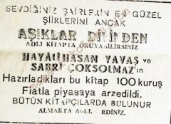 Hayali Hasan YAVAŞ - Sabri ÇOKSOLMAZ / Aşıklar dilinden kitabı  Gazete Reklamı - Efemera
