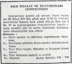 Film İthalat ve İşletmecileri Cemiyetinden - Gazete İlanı