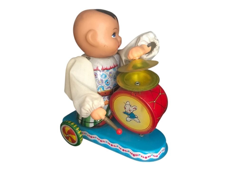 Teneke Oyuncak - Davul ve zil çalan oyuncak / 1980'ler (Ön tekerleği yok.Çok temiz)