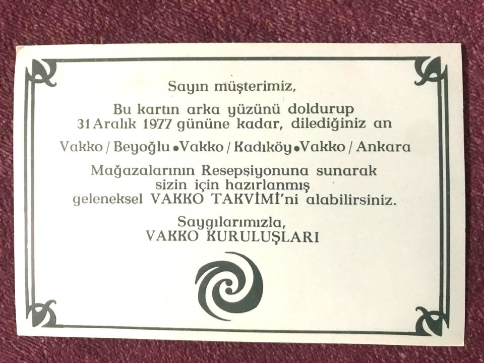 Vakko 1977 yılı takvim istek formu