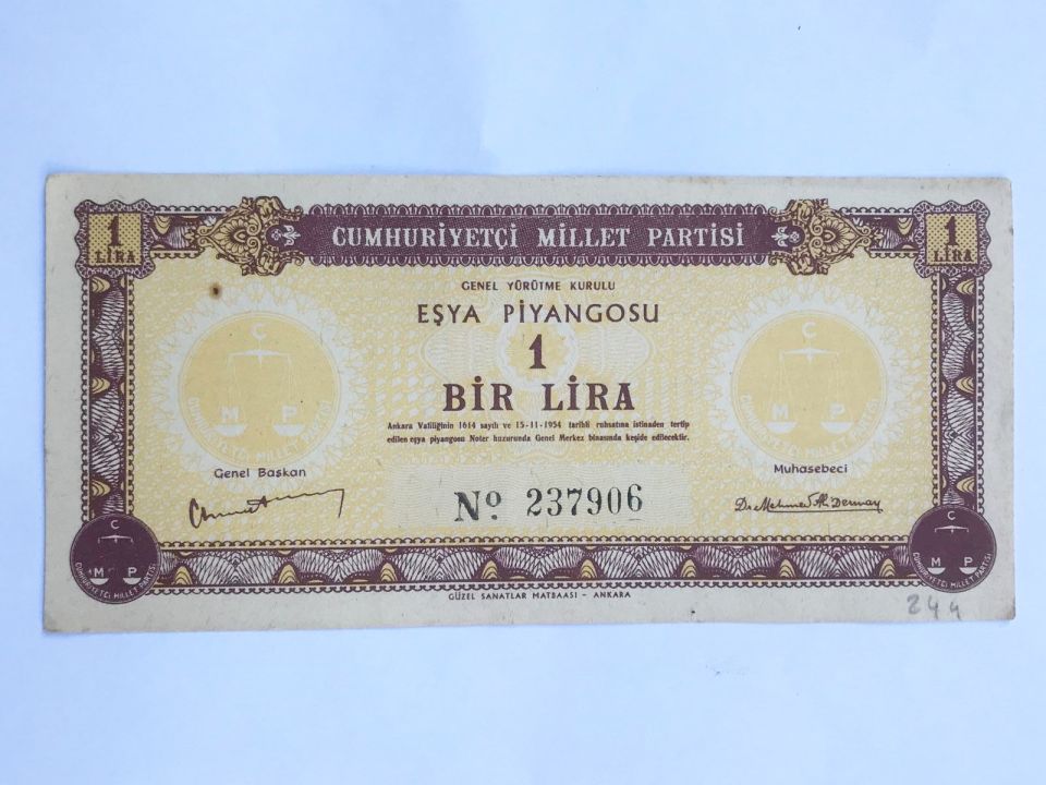Cumhuriyetçi Millet Partisi - Eşya Piyangosu 1954 / Eski Piyango Biletleri