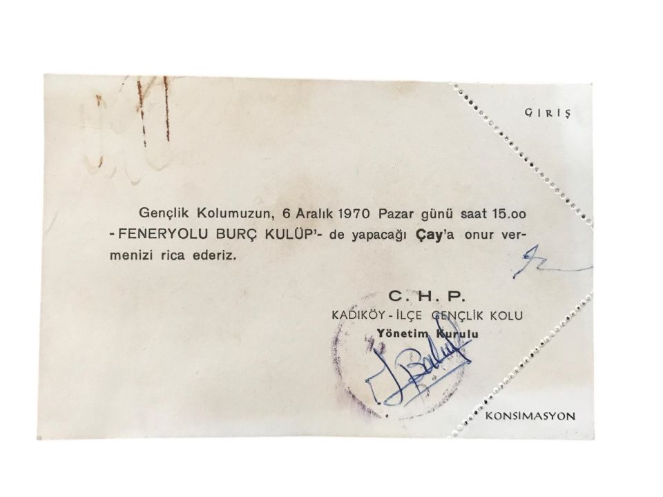 CHP Cumhuriyet Halk Partisi Kadıköy İlçe Gençlik Kolu - Feneryolu Burç Kulüp 1970 / Davetiye