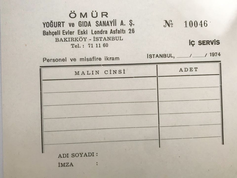Ömür Yoğurt ve Gıda Sanayii BAKIRKÖY - Personel ve misafire ikram makbuzu