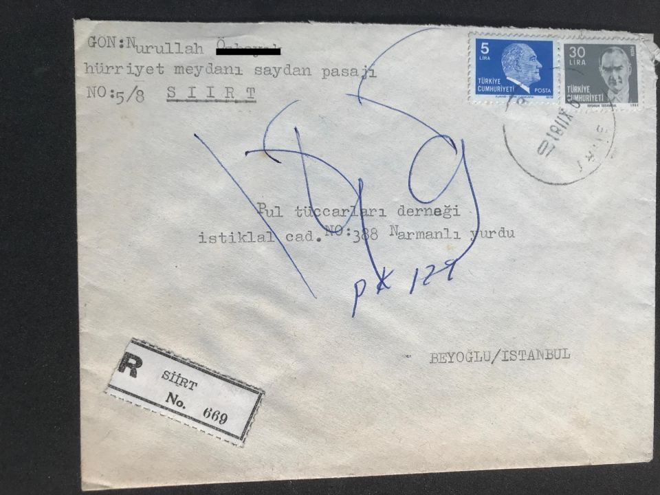 Pul Tüccarları derneğine, Siirt'ten gönderilmiş - Postadan geçmiş zarf