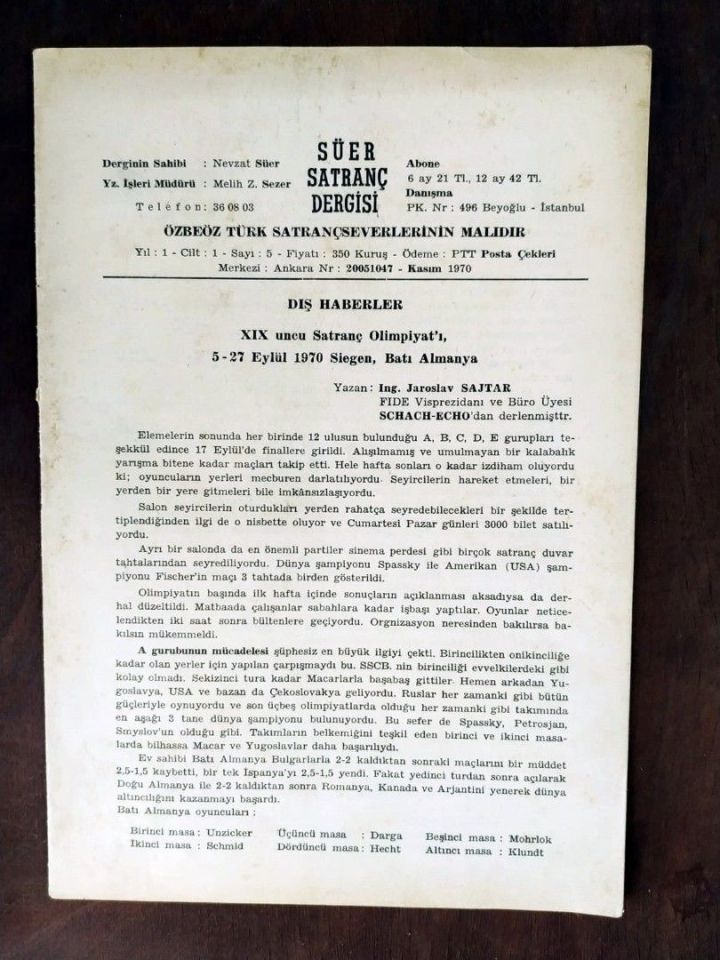 Süer Satranç dergisi / Özbeöz Türk Satrançseverlerinin malıdır. 1970 - Sayı 5