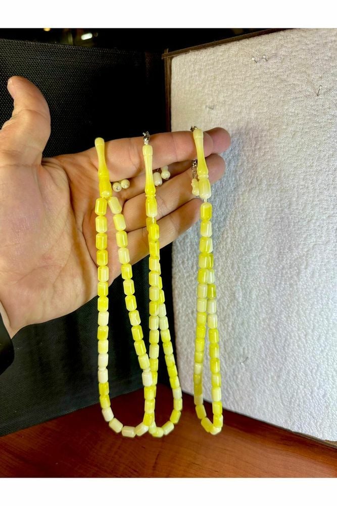 3 ADET DAMLA KEHRİBAR BENZETME AKRİLİK TESBİH KAPSÜŞL KESİM SARI RENK T-237