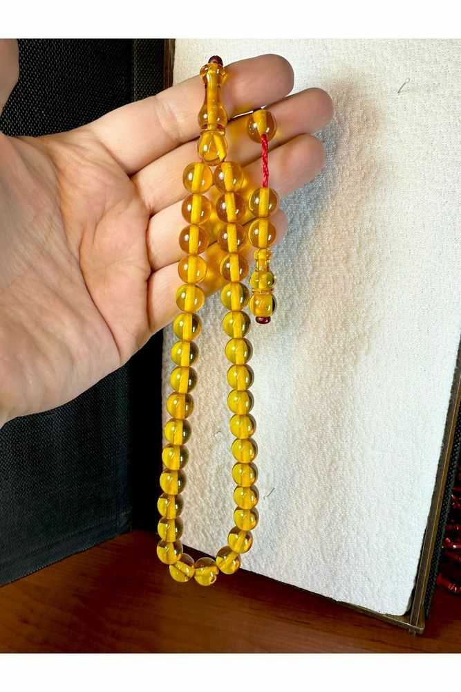 ÇUBUK KEHRİBAR TESBİH SARI RENKLİ KÜRE KESİM T-187