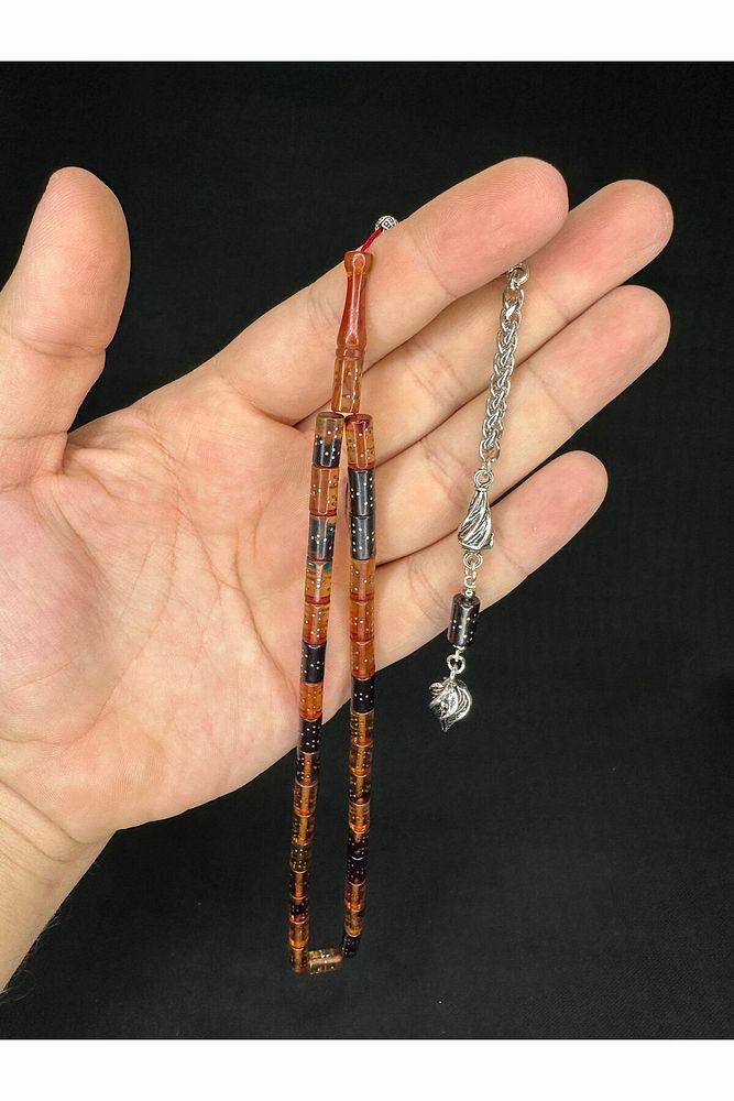 GÜMÜŞ İŞLEMELİ ATEŞ KEHRİBAR TESBİH SARI SİYAH RENKLİ KESME KESİM 10,5MMX5,5MM T-648