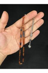 GÜMÜŞ İŞLEMELİ ATEŞ KEHRİBAR TESBİH SARI SİYAH RENKLİ KESME KESİM 10,5MMX5,5MM T-648