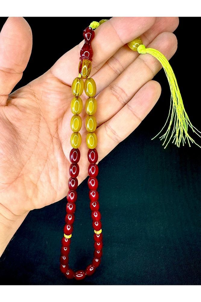 BORDO SARI OSMANLI BENZETME SIKMA KEHRİBAR TESBİH 8MMX12MM T-751