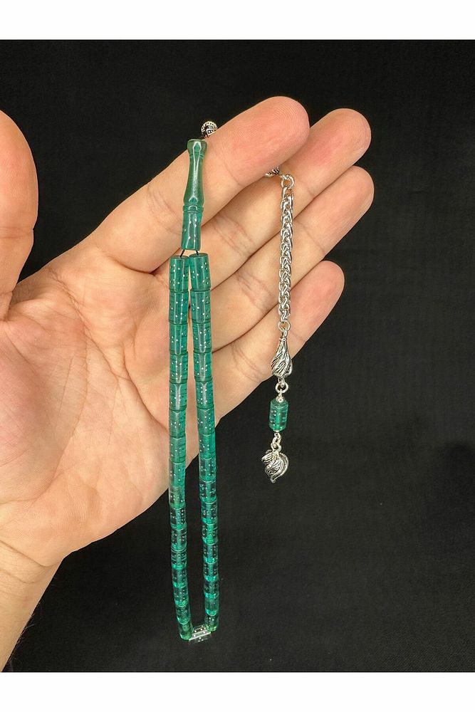 GÜMÜŞ İŞLEMELİ ATEŞ KEHRİBAR TESBİH AÇIK YEŞİL RENKLİ KESME KESİM 10,5MMX5,5MM T-646