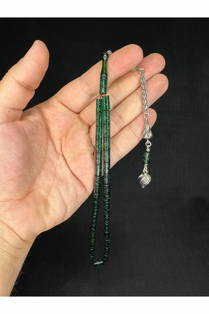 GÜMÜŞ İŞLEMELİ ATEŞ KEHRİBAR TESBİH YEŞİL RENKLİ KESME KESİM 10,5MMX5,5MM T-650