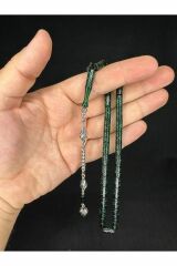 GÜMÜŞ İŞLEMELİ ATEŞ KEHRİBAR TESBİH YEŞİL RENKLİ KESME KESİM 10,5MMX5,5MM T-650