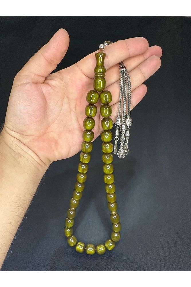 ÇUBUK KEHRİBAR TESBİH YEŞİL RENK KAPSÜL KESİM 13MMX14,5MM T-619